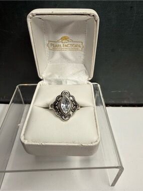 Modern Silver Tone Marquis Rhinestone Ring